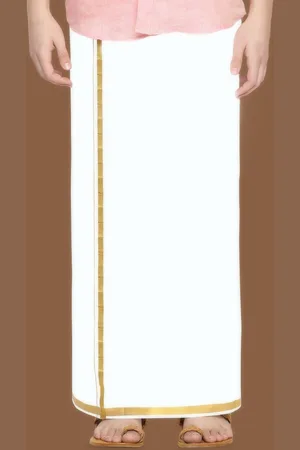 WHITE HEART Men Pure Cotton Single Layer Dhoti with Gold-Toned Zari Border