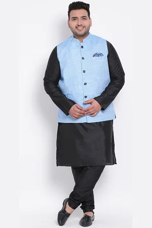 Hangup Men Black & Blue Solid Dupion Silk Kurta with Pyjamas & Jacket