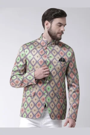 Hangup Men Green & Grey Printed Regular Fit Single Breasted Ethic Blazer