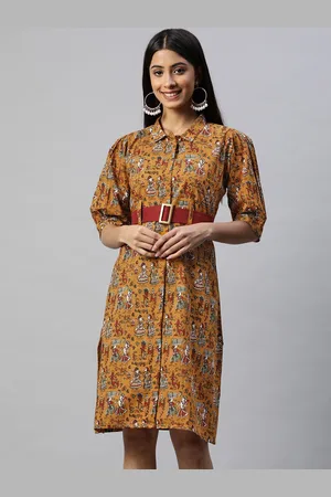 RAJGRANTH Women Mustard Yellow & Red Ethnic Printed Pure Cotton Shirt Dress