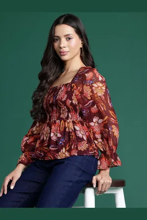 DressBerry Floral Print Puff Sleeve Smocking Detail Peplum Top