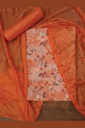 Jaipur Floral Printed Embellished Cotton Dress Material with Dupatta