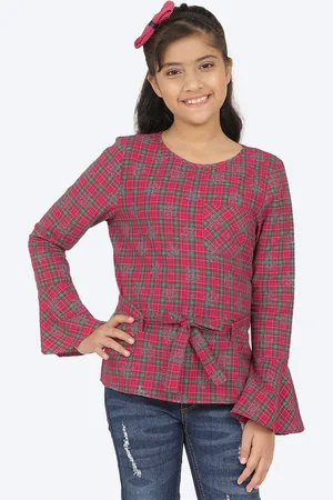 CACA CINA Red Checked Bell Sleeves Top