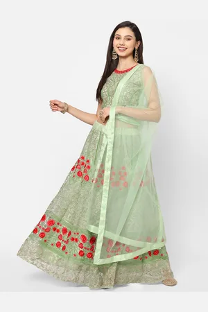 RedRound Green & Red Embroidered Thread Work Semi-Stitched Lehenga & Unstitched Blouse With Dupatta