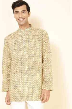 Fabindia Geometric Printed Band Collar Long Sleeves Straight Kurta