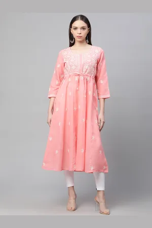 akheri Women Floral Embroidered Chikankari Anarkali Kurta with Waist Tie-Ups