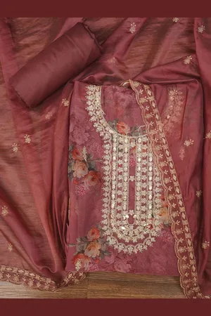 Jaipur Floral Printed Sequin Embroidered Dress Material with Dupatta
