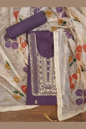 Jaipur Handpainted Embroidered Pure Silk Dress Material with Dupatta