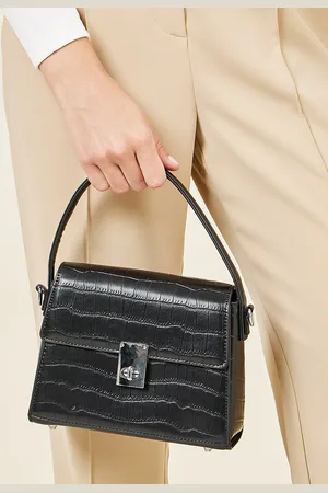 Styli Black Animal Textured Structured Twisted Lock Handheld Bag