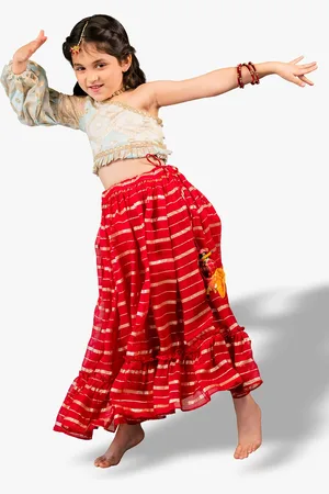 Jilmil Girls Red & White Embroidered Ready to Wear Lehenga & Blouse