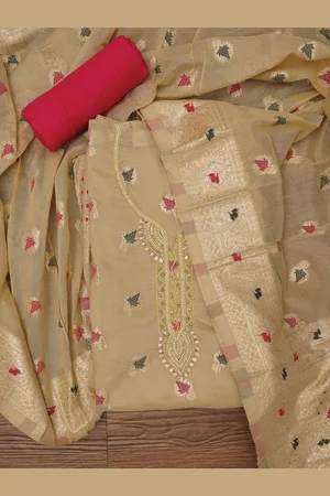 Jaipur Zari Woven Cotton Blend Dress Material with Dupatta