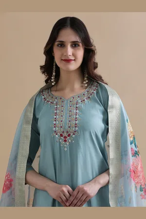 Jaipur Women Floral Embroidered Regular Thread Work Chanderi Cotton Kurta with Trousers & With Dupatta