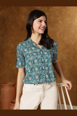 Kalini Floral Print Roll-Up Sleeves Cotton Shirt Style Crop Top