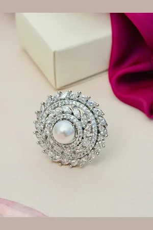 ABDESIGNS Exquisite Silver Plated American Diamond Stone Studded & Beaded Ring