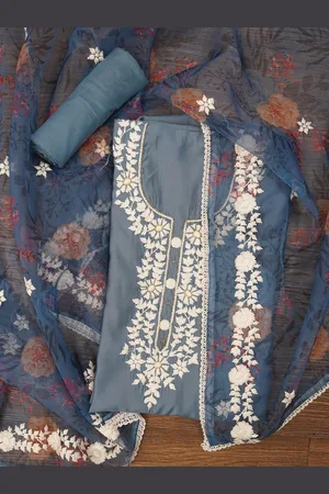 Jaipur Pure Silk Lucknowi Embroidered Dress Material with Dupatta