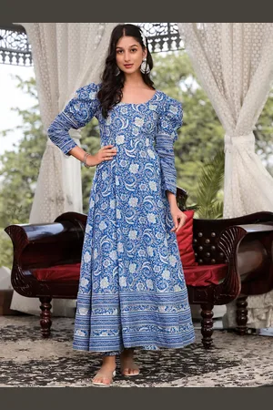 Divena World Floral Printed Puff Sleeves Regular Pure Cotton Anarkali Kurta With Trousers