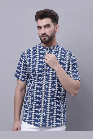 Even Geometric Printed Band Collar Pure Cotton Kurta