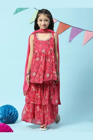 Biba Girls Floral Printed A-line Kurta With Sharara & Dupatta