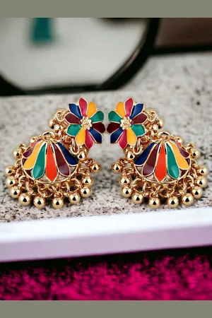 Lucky Jewellery Gold-Plated Contemporary Meenakari Jhumkas