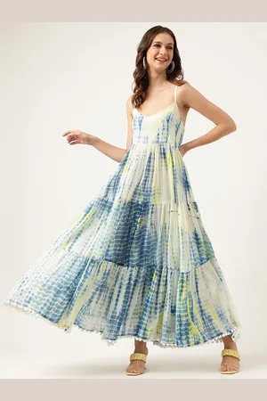 Kalini Tie and Dye Printed Shoulder Straps Gathered Tiered Cotton Maxi Dress