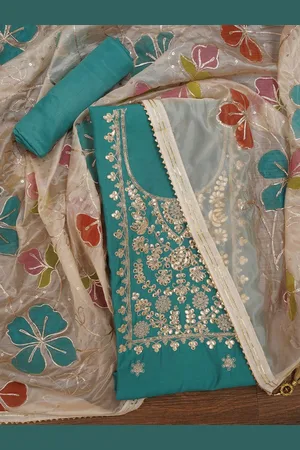Jaipur Floral Printed Embroidered Pure Silk Dress Material with Dupatta