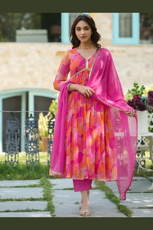 Everbloom Printed Empire Gotta Patti Silk Chiffon Anarkali Kurta with Trousers & Dupatta