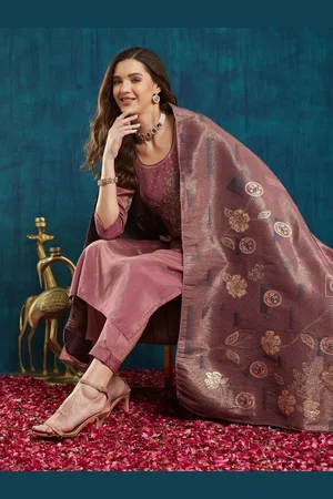 RAJGRANTH Floral Yoke Design Beads Pure Silk Straight Kurta with Trousers & Dupatta