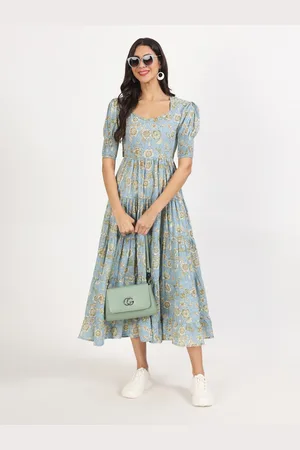 Kalini Floral Printed Puff Sleeves Fit & Flare Midi Dress