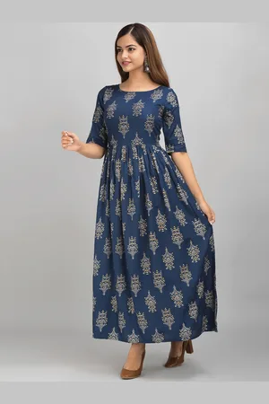 Metro Fashion Women Blue Ethnic Motifs Printed Block Print Anarkali Kurta
