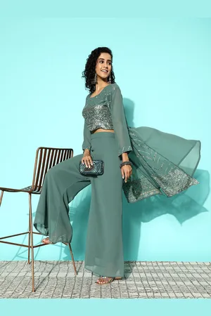 Kvsfab Women Embroidered Georgette Sequinned Top With Palazzos & With Shrug