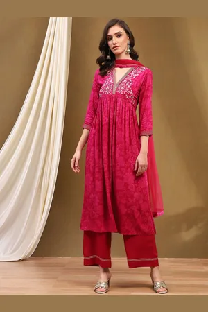 Biba Floral Printed V-Neck Empire Thread Work Anarkali Kurta with Palazzo & Dupatta