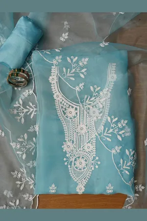 Jaipur Unstitched Embroidered Organza Dress Material With Dupatta