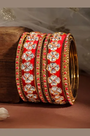 Rubans Set Of 6 Gold Plated Stone Studded & Beaded Bangles