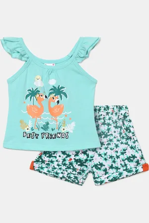 V-Mart Girls Sea Green & Orange Printed Pure Cotton Top with Shorts
