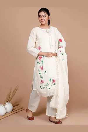 Kalini Floral Printed Tie-Up Neck Thread Work Straight Kurta With Palazzos & Dupatta