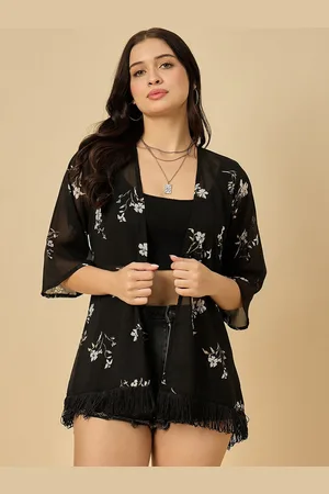 Azira Floral Printed Tasselled Open Front Georgette Shrug