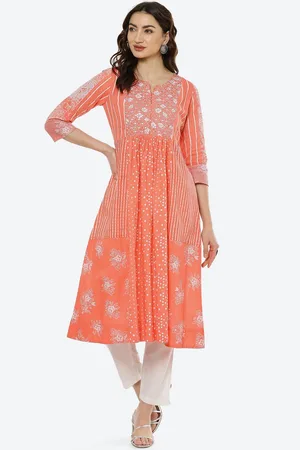 Biba Women Coral Ethnic Motifs Embroidered Anarkali Kurta