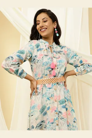 Jaipur Floral Printed Tie Up Neck Cotton A-line Dress