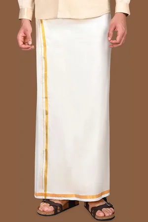 WHITE HEART Men Pure Cotton Single Layer Dhoti with Gold-Toned Zari Border