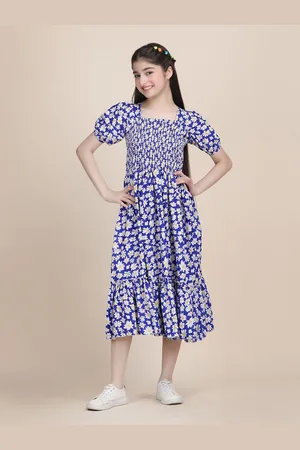 DEKLOOK Girls Floral Printed Smocked Fit & Flare Dress