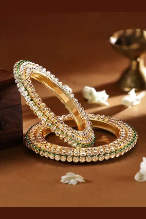 Rubans Set of 2 22K Gold-Plated Kundan Studed Handcrafted Bangles with Green Enamel Border