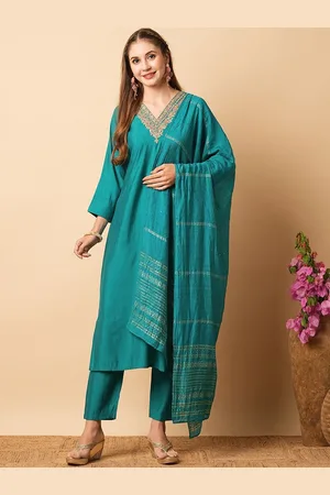 Navlik Floral Embroidered Sequinned V-Neck StraightKurta With Trousers & Dupatta