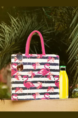 earthbags Floral Printed Oversized Jute Tote Bag Handbags