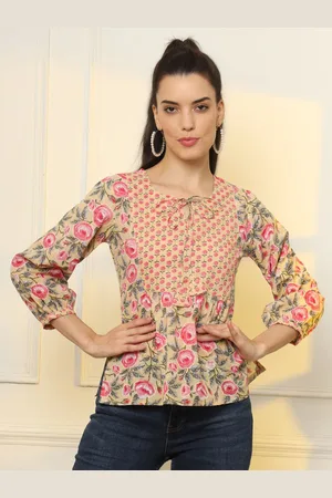 Yufta Women Floral Printed Bishop Sleeves Pure Cotton Peplum Top