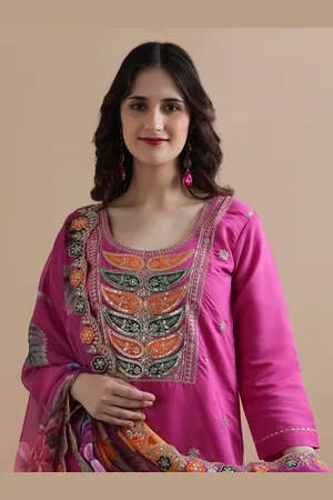 Jaipur Women Paisley Embroidered Regular Sequinned Chanderi Cotton Kurta with Trousers & With Dupatta