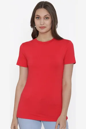 DOOR74 Women Red Cotton T-shirt