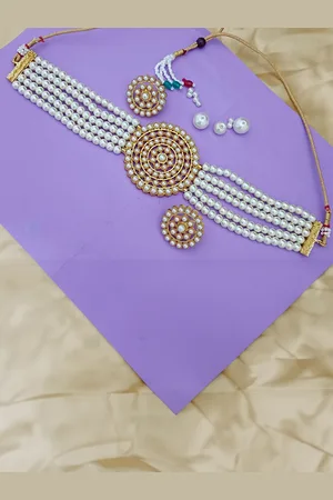 EVY Gold Plated Artificial Stones Studded Beaded Choker Necklace With Earrrings