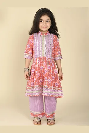 LIL PITAARA Girls Floral Printed Mandarin Collar Pure Cotton Anarkali Kurta with Trousers
