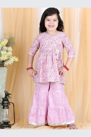 LIL PITAARA Girls Pink Cotton Printed Angrakha Kurta With Sharara