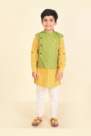 LIL PITAARA Boys Geometric Printed Pure Cotton Regular Kurta & Pyjamas With Nehru Jacket